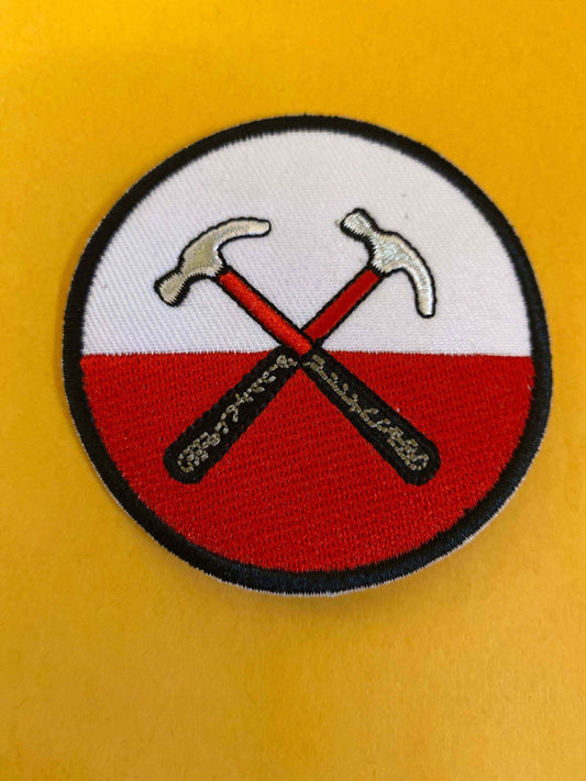 Embroidered Marching Hammers patch inspired by Pink Floyd's The Wall with crossed hammers on red and white background