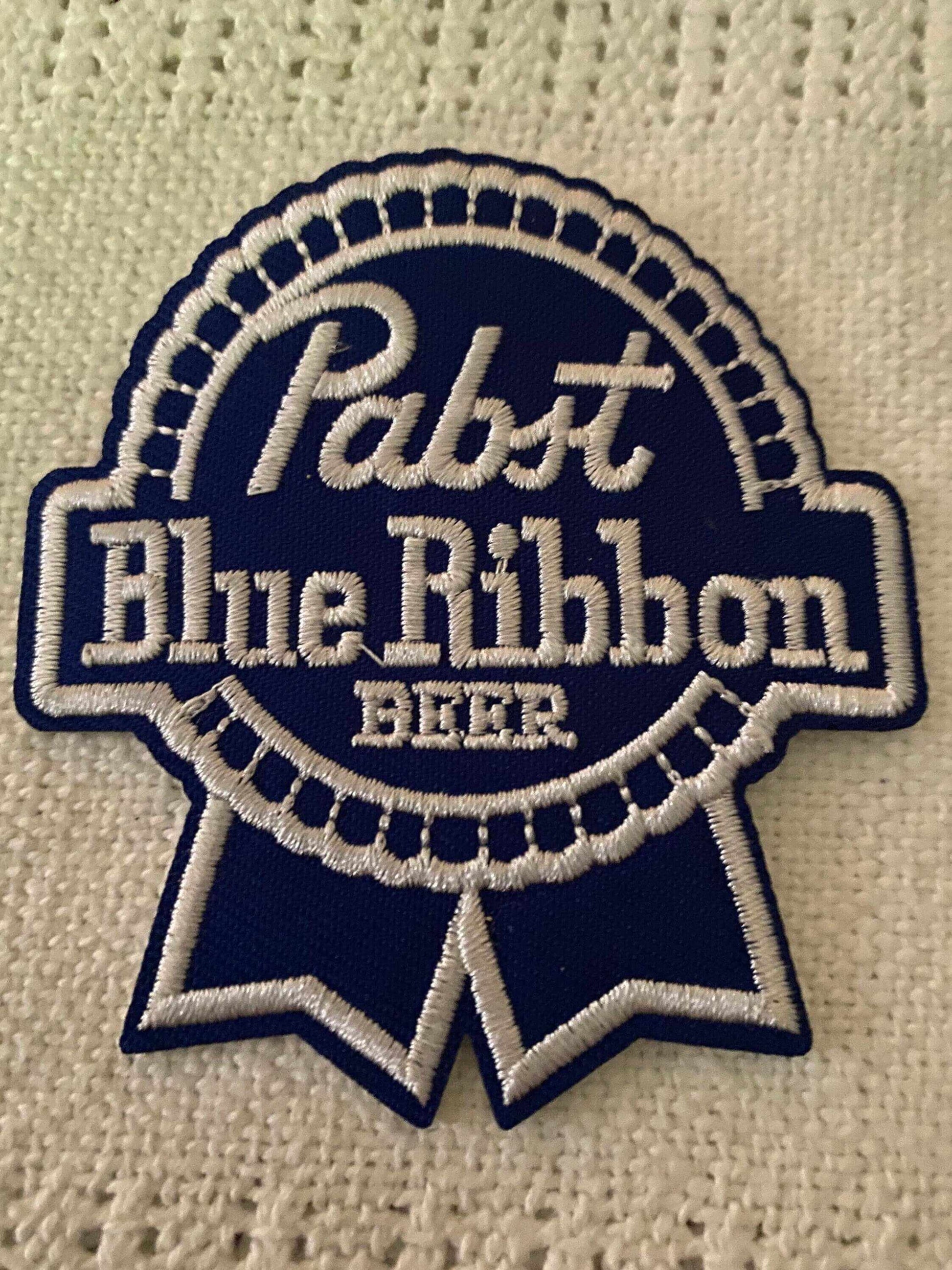 Pabst Blue Ribbon beer logo embroidered patch in blue and white colors