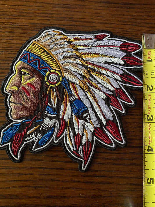 Embroidered Chief patch featuring a Native American chief profile with colorful feather headdress and detailed stitching