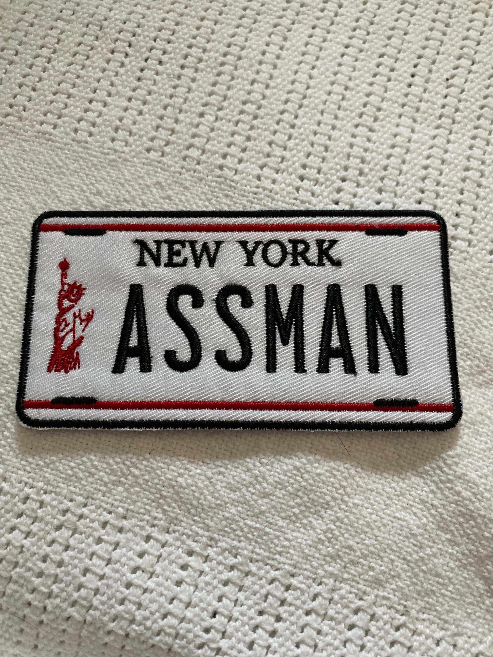 New York Assman license plate patch inspired by Seinfeld episode Kramer logo